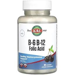 Вітаміни B6, B12 і фолієва кислота KAL B-6 B-12 Folic Acid, 60 пастилок для підтримки серцево-судинної системи