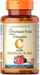 Витамины и минералы Puritan's Pride Vitamin C with Elderberry & Zinc, 60 жевательных таблеток