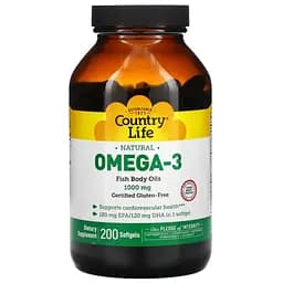 Натуральна Омега 3 Country Life Omega-3 1000 mg Natural, 200 капсул