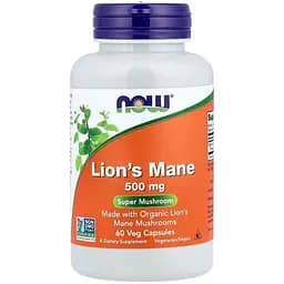 Естественная добавка NOW Lion's Mane 500 mg, 60 вегакапсул.