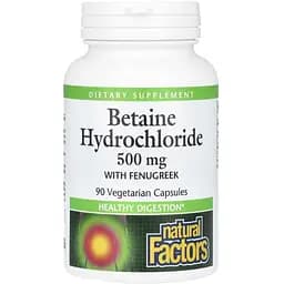 Бетаин гидрохлорид Natural Factors Betaine Hydrochloride with Fenugreek с пажитником 500 мг 90 вегетарианских капсул