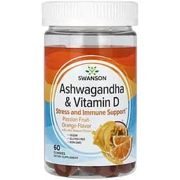 Ашваганда + Вітамін D3 Swanson Ashwagandha Vitamin D 60 жувальних цукерок зі смаком маракуя-апельсин (2022-09-1082)