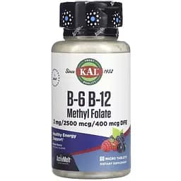 Вітаміни B6, B12 KAL B-6 B-12 Methyl Folate, 60 мікро таблеток для підтримки серцево-судинної системи
