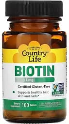 Витамины и минералы Country Life Biotin 1 mg, 100 таблеток