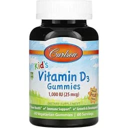 Набір: вітамін D3 дитячий  Carlson Kid's Vitamin D3 Gummies 1000 МО смак фруктів 60 вегетаріанських жувальних цукерок + вітамін D3 Carlson Vitamin D3 4000 МО 120 желатинових капсул - мініатюра 2