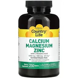 Кальцій, Магній та Цинк Country Life з L-Глютаміном Calcium Magnesium Zync 250 таблеток