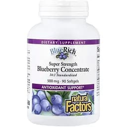 Концентрат черники Natural Factors BlueRich Bluberry Concentrate Super Strength, 90 капсул для поддержки зрения и сосудов