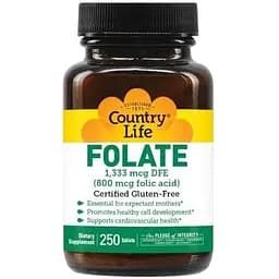 Вітаміни та мінерали Country Life Folic Acid, 250 таблеток
