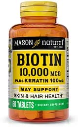 Вітаміни та мінерали Mason Natural Biotin 10,000 mcg Plus Keratin 100 mg, 60 таблеток