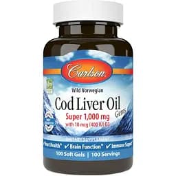 Жир із печінки норвезької тріски Carlson Cod Liver Oil 1000 мг 100 гелевих капсул
