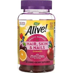 Краса волосся, шкіри та нігтів Nature's Way Alive! Hair Skin & Nails with Collagen & Biotin смак полуниці 60 жувальних цукерок