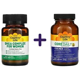 Набір: комплекс вітамінів для жінок Country Life DHEA 60 капсул + мультивітаміни для чоловіків Country Life Core Daily 1 60 пігулок