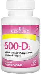 Вітаміни та мінерали 21st Century Calcium 600 + D3, 75 каплет