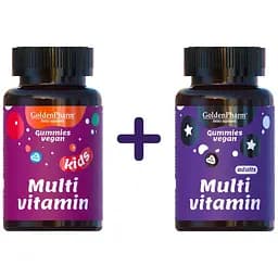 Набір: мультивітаміни для дітей Golden Pharm веганський мармелад 60 шт. + мультивітаміни для дорослих Golden Pharm веганський мармелад 60 шт.