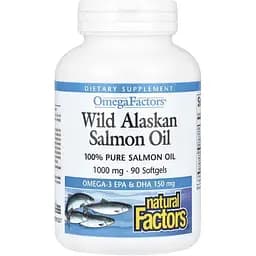 Жир дикого аляскинского лосося Natural Factors OmegaFactors Wild Alaskan Salmon Oil 1000 мг 90 гелевых капсул