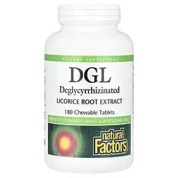 Солодка (Лакриця) дегліцирризиновий екстракт кореня DGL Deglycyrrhizinated Licorice Root Extract Natural Factors 180 жувальних таблеток