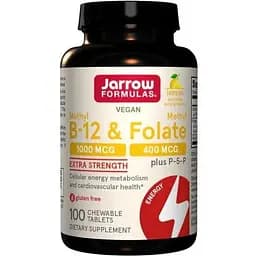 Витамины B-12 B-9 Jarrow Formulas Methyl B-12 Methyl Folate 1000 mcg/400 mcg 100 жевательных таблеток с P-5-P Лимон