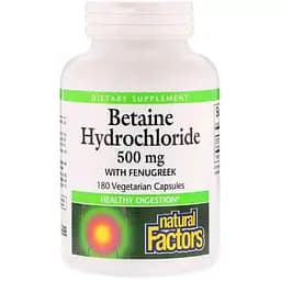 Бетаїн гідрохлорид і пажитник Natural Factors 500 мг 180 капсул