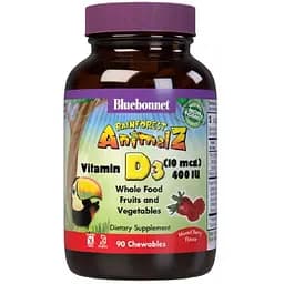 Вітамін D3 для дітей Bluebonnet Nutrition Rainforest Animalz зі смаком ягід 10 мкг 90 цукерок