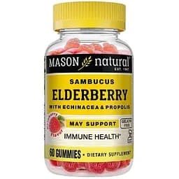 Бузина з ехінацеєю та прополісом Elderberry With Echinacea & Propolis Mason Natural 60 жувальних цукерок смак малини