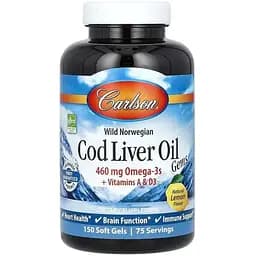 Риб'ячий жир з печінки тріски Carlson Cod Liver Oil Gems зі смаком лимона 150 гелевих капсул
