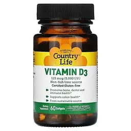 Вітамін D3 Country Life Vitamin D3 5000 IU, 60 капсул для здоров'я кісток, зубів і імунітету