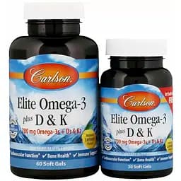 Омега-3 Плюс вітаміни Д3 та К Carlson Elite Omega-3 Plus D & K 60+30 гелевих капсул