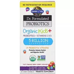 Пробіотики для дітей + Вітаміни C і D Garden of Life Organic Kids+ смачні органічні ягоди і вишня 30 жувальних таблеток