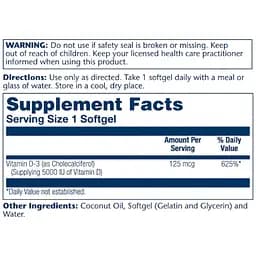 Вітаміни Solaray Super Bio Vitamin D3 in Coconut oil 125 мкг 120 капсул - мініатюра 2