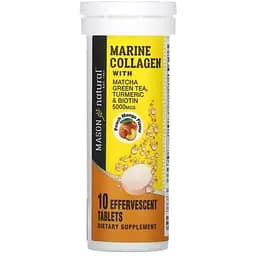 Морський колаген з матча, куркумою та біотином Mason Natural 5000 мкг смак персик манго 10 шипучих таблеток