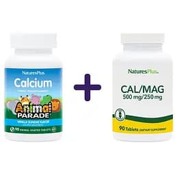 Набір: кальцій для дітей NaturesPlus Animal Parade Ваніль 90 жувальних таблеток + мінеральний комплекс Nature's Plus Кальцій і Магній 500 мг / 250 мг 90 таблеток